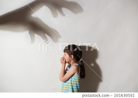 Profile of female kid frightened by the shadows of hands of demons, scared little girl suffering from sciophobia and phantoms, fear of shadows, isolated over gray background. Profile of female kid frightened by the shadows of hands of demons, scared little girl suffering from sciophobia and phantoms, fear of shadows, isolated over gray background. 101630581
