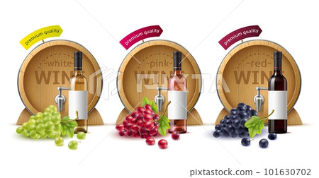 Wine barrels compositions. Oak containers for storing alcoholic beverages, wooden texture, grapes bunches and bottles, green red and black berries, 3d isolated elements, utter vector set 101630702