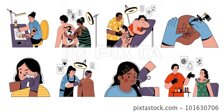 Tattoo artists work. Professional tattooists with clients, body ink, beautiful people, piercing master, modern cartoon flat characters. Drawing on skin creating process tidy vector set Tattoo artists work. Professional tattooists with clients, body ink, beautiful people, piercing master, modern cartoon flat characters. Drawing on skin creating process tidy vector set 101630706