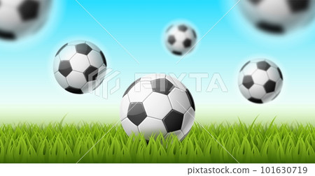 Realistic soccer balls background. 3d isolated sport falling objects, football field green lawn, championship banner, competitive game team flyer, championship backdrop utter vector concept Realistic soccer balls background. 3d isolated sport falling objects, football field green lawn, championship banner, competitive game team flyer, championship backdrop utter vector concept 101630719