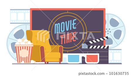 Online movie theater concept, tv screen and armchair, popcorn and 3D glasses. Video film watching, internet entertainment show, cartoon flat illustration. Vector cinematography concept 101630735
