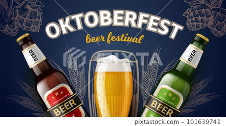 Oktoberfest poster. Annual beer holiday realistic elements, glass goblet and bottles with different drink varieties, web banner template, party ad, 3d isolated elements, utter vector concept 101630741