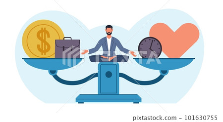 Man sits on huge scale, balancing finances and love. Choosing between money and family. Alternative solutions. Business or romantic relationships. Thinking character cartoon flat vector concept Man sits on huge scale, balancing finances and love. Choosing between money and family. Alternative solutions. Business or romantic relationships. Thinking character cartoon flat vector concept 101630755