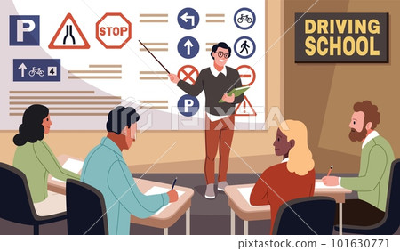 Driving school lesson. Men and women in group class listen to instructor, teacher talks about rules of road and signs, characters sitting at desk, cartoon flat isolated tidy vector concept Driving school lesson. Men and women in group class listen to instructor, teacher talks about rules of road and signs, characters sitting at desk, cartoon flat isolated tidy vector concept 101630771