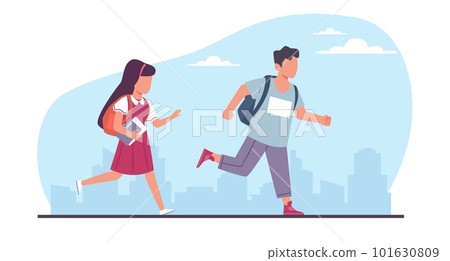 Boy and girl students are late to school for class. Children running with backpack, joyful hurrying pupils, hasten character active pose, cartoon flat style isolated illustration. Vector concept 101630809