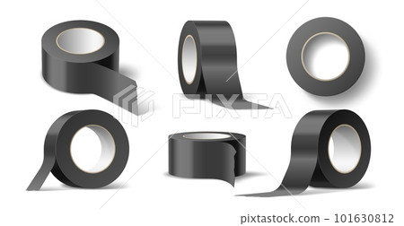 Black electrical tape. Realistic self adhesive tape rolls, sticky strips, different angles mockup, electricity insulation, blank clean 3d isolated elements, delivery packaging utter vector set Black electrical tape. Realistic self adhesive tape rolls, sticky strips, different angles mockup, electricity insulation, blank clean 3d isolated elements, delivery packaging utter vector set 101630812