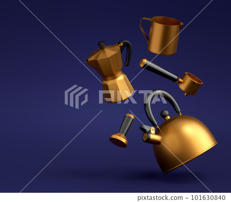 Espresso coffee machine with horn, kettle and geyser coffee maker on blue . Espresso coffee machine with horn, kettle and geyser coffee maker on blue . 101630840