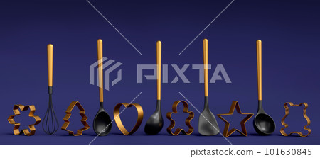 Set of metal cookie cutters and wooden kitchen utensils on blue background Set of metal cookie cutters and wooden kitchen utensils on blue background 101630845