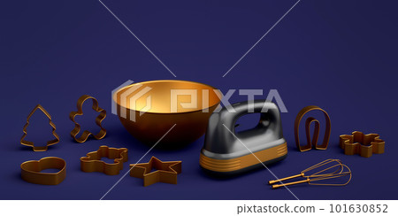 Mixer and hand mixer with kitchen utensil for preparation of dough on blue 101630852