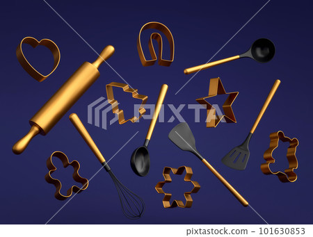 Wooden kitchen utensils and cookie cutters on blue background Wooden kitchen utensils and cookie cutters on blue background 101630853