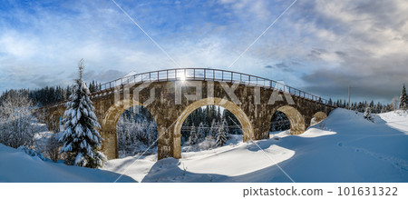 Stone viaduct (arch bridge) on railway through mountain snowy fir forest. Snow drifts on wayside and hoarfrost on trees and electric line wires. Stone viaduct (arch bridge) on railway through mountain snowy fir forest. Snow drifts on wayside and hoarfrost on trees and electric line wires. 101631322