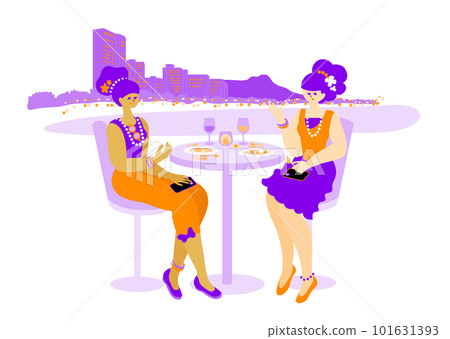 矢量插圖：女性在旅遊目的地的露台座位上享用美食_travel_girls_Gourmet 101631393