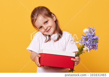 Horizontal shot of shy sweet lovely little girl smiling sincerely, looking directly at camera, holding red and white box, blue flowers, giving present, standing isolated over yellow background. Horizontal shot of shy sweet lovely little girl smiling sincerely, looking directly at camera, holding red and white box, blue flowers, giving present, standing isolated over yellow background. 101631465