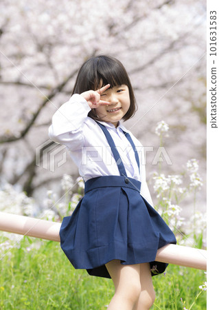 一個穿著幼兒園制服和盛開的櫻花的大女孩 一個穿著幼兒園制服和盛開的櫻花的大女孩 101631583