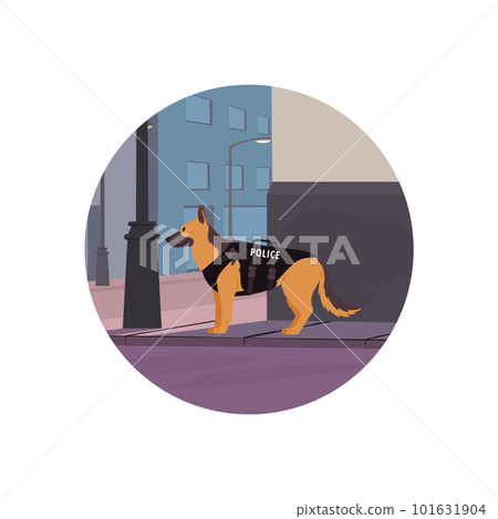 Round banner with a police service dog flat vector illustration isolated. Round banner with a police service dog flat vector illustration isolated. 101631904
