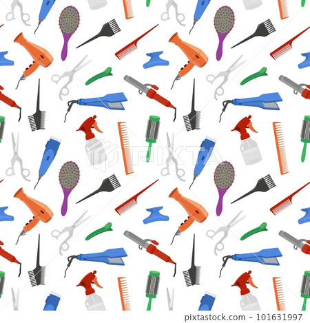 Hairdresser tools - brushes, combs, scissors, seamless pattern flat vector illustration. 101631997