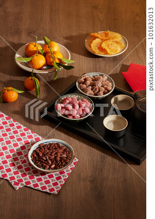 Concept picture for Lunar new year table set up and on wooden background. for creative design mockups and templates. 101632013