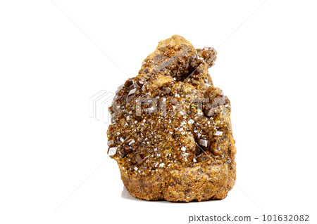 Macro mineral stone Garnet, Green Garnet, Epidote Grossular in the rock on a white background 101632082