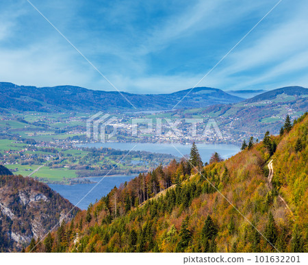 Picturesque autumn Alps mountain lakes view from Schafberg viewpoint, Salzkammergut, Upper Austria. Picturesque autumn Alps mountain lakes view from Schafberg viewpoint, Salzkammergut, Upper Austria. 101632201