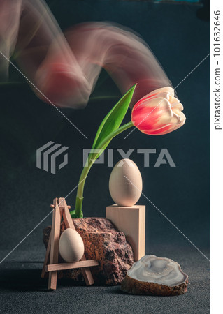 concept spring. freakebana. red-white tulip and Easter eggs. easter concept. 101632646