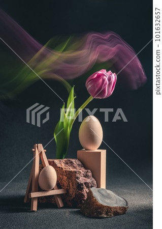 concept spring. freakebana. purple tulip and Easter eggs. easter concept. concept spring. freakebana. purple tulip and Easter eggs. easter concept. 101632657