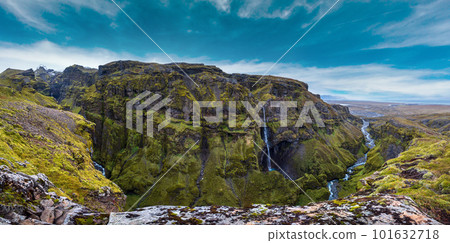Beautiful autumn view from Mulagljufur Canyon to Fjallsarlon glacier with Breidarlon ice lagoon, Iceland and Atlantic Ocean in far. It is south end of Vatnajokull icecap and Oraefajokull volcano. Beautiful autumn view from Mulagljufur Canyon to Fjallsarlon glacier with Breidarlon ice lagoon, Iceland and Atlantic Ocean in far. It is south end of Vatnajokull icecap and Oraefajokull volcano. 101632718