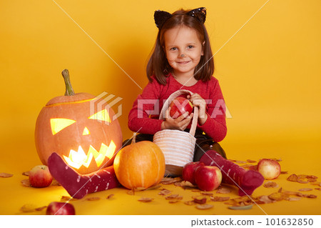 Portrait of little girl in costume of cat, kid sitting on floor with trick or treat basket, surrounded with apples and Jack o Lantern, looking smilng directly at camera. Halloween studio decoration. 101632850
