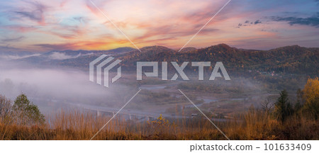 Morning fog on country foothills above Opir and Stryi rivers, and slopes of the Carpathian Mountains in far, Ukraine. 101633409