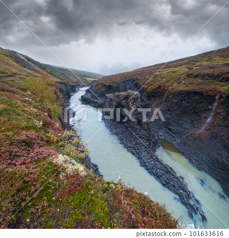 Autumn picturesque Studlagil canyon is a ravine in Jokuldalur, Eastern Iceland. Famous columnar basalt rock formations and Jokla river runs through it. Autumn picturesque Studlagil canyon is a ravine in Jokuldalur, Eastern Iceland. Famous columnar basalt rock formations and Jokla river runs through it. 101633616