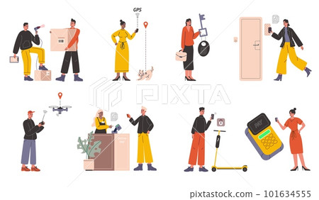 Radio frequency identification. People check codes. Labels stickers. Unique information scanning. Waves method. Modern chip. Contactless smart connection. RFID technologies vector set 101634555