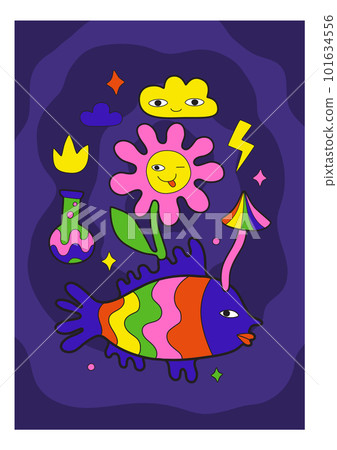 Psychedelic poster. Surreal 60s card. Funny cloud and flower. Fish with happy face. Rainbow mushroom. Hallucinogen potion flask. Poisonous acid. Abstract shapes. Vector hippie banner 101634556
