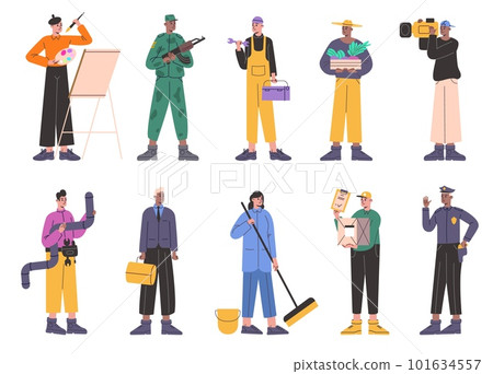 Professions people. Men and women in job uniform. Representatives of various specialties. Gardener and painter. Soldier or deliveryman. Labor and career. Vector isolated workers set 101634557
