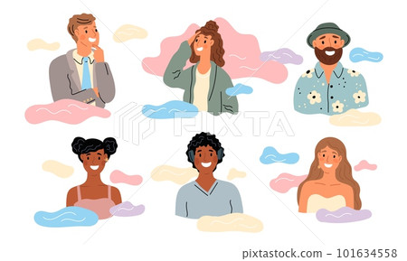 People with clouds. Dreaming men and women. Relaxed guys and girls. Pleasant light desires. Mental health. Daydreaming persons. Imagination and inspiration. Sky heaven. Garish vector set People with clouds. Dreaming men and women. Relaxed guys and girls. Pleasant light desires. Mental health. Daydreaming persons. Imagination and inspiration. Sky heaven. Garish vector set 101634558
