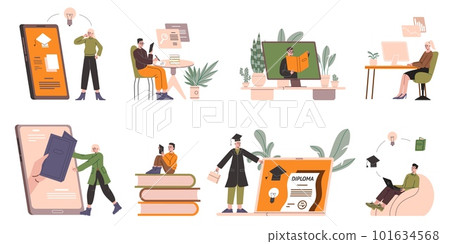 Online education scenes. People study remotely through applications or websites. Diploma obtaining. Distant examination. Graduation certificates. Internet library. Vector e-learning set Online education scenes. People study remotely through applications or websites. Diploma obtaining. Distant examination. Graduation certificates. Internet library. Vector e-learning set 101634568