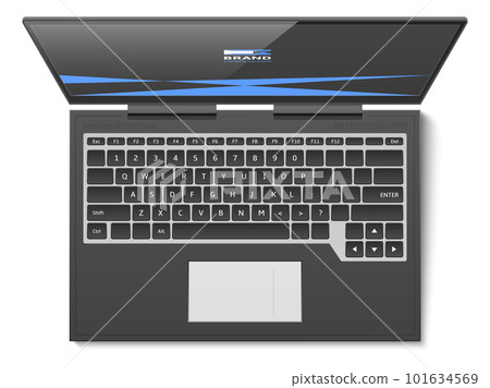 Office stationery. Realistic laptop top view. PC screen and keyboard. Portable computer. Electronic equipment. Logo brand identity design. Device display. Vector isolated business object Office stationery. Realistic laptop top view. PC screen and keyboard. Portable computer. Electronic equipment. Logo brand identity design. Device display. Vector isolated business object 101634569