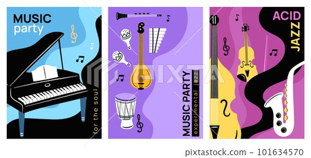 Musical instruments cards. Live performance concert. Club party poster. Acoustic orchestra. Piano music. Saxophone and cello. Jazz band event. Garish vector invitation banners design set 101634570
