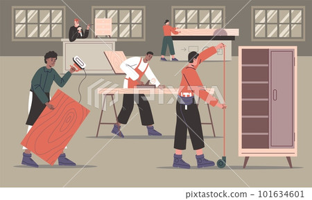 Furniture assembly. Carpentry shop workers. Wood processing. Woodworking manufacture process. Men making interior objects. People are sawing and drilling timber planks. Vector concept Furniture assembly. Carpentry shop workers. Wood processing. Woodworking manufacture process. Men making interior objects. People are sawing and drilling timber planks. Vector concept 101634601