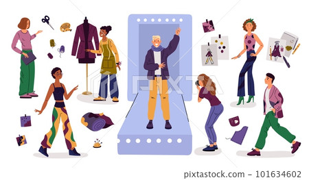Fashion show. Cartoon couturiers. Stylists and designers. Trendy clothing industry. Models and photographer. Fashionable clothes design. Dress construction or tailoring. Garish vector set 101634602