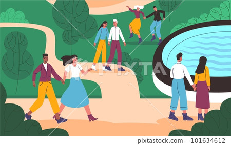 Couples walk together in park. Lovers spend time in nature. Persons in romantic relationship. Outdoor fun holiday. Beloved men and women. People promenade. Summer stroll. Vector concept Couples walk together in park. Lovers spend time in nature. Persons in romantic relationship. Outdoor fun holiday. Beloved men and women. People promenade. Summer stroll. Vector concept 101634612