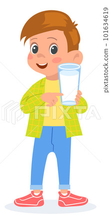 Child drink milk poster. Boy holding glass. Refreshing natural beverage. Healthy lifestyle. Breakfast nutrition with calcium. Fresh dairy product. Kid quenches thirst. Vector illustration Child drink milk poster. Boy holding glass. Refreshing natural beverage. Healthy lifestyle. Breakfast nutrition with calcium. Fresh dairy product. Kid quenches thirst. Vector illustration 101634619