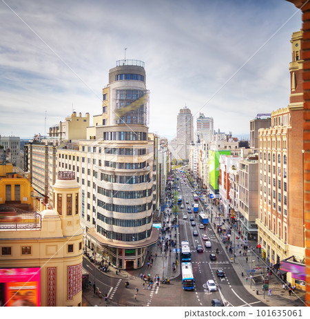 Panoramic view of the Callao square with business skyscrapers and big traffic. 101635061