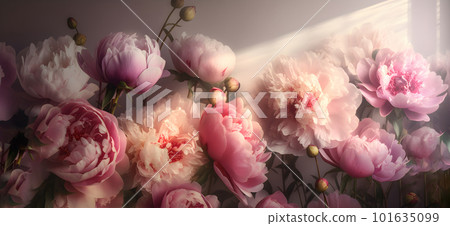 Blooming pink peony flowers wide long banner 101635099