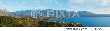 Adriatic sea evening coastline top view (near Orikum, Albania). Adriatic sea evening coastline top view (near Orikum, Albania). 101635362