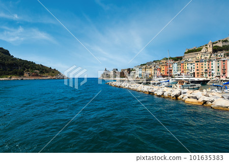 Beautiful medieval fisherman town of Portovenere bay (near Cinque Terre, Liguria, Italy). Harbor wit boats and yachts. People unrecognizable. 101635383