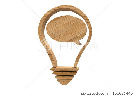 Wooden Lightbulb with Speech Bubble Sign on white background 101635440