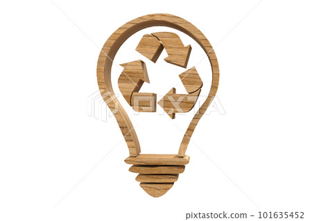 Wooden Lightbulb with Recycle Arrow Sign on white background 101635452