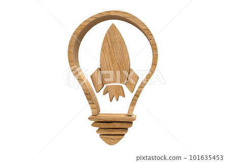 Wooden Lightbulb with Rocket Sign on white background 101635453
