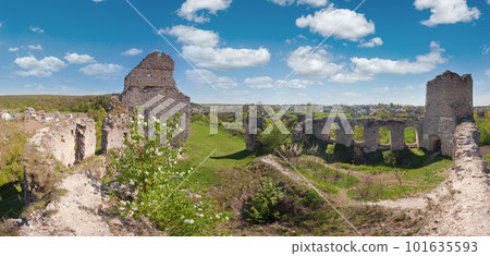 Spring view of Sydoriv Castle ruins (built in 1640s). Sydoriv village, located 7 km south of Husiatyn town, Ternopil region, Ukraine. Spring view of Sydoriv Castle ruins (built in 1640s). Sydoriv village, located 7 km south of Husiatyn town, Ternopil region, Ukraine. 101635593