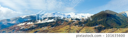 Autumn Carpathian mountain, Ukraine (Jasynja Village and Svydovets Range in far). 101635600