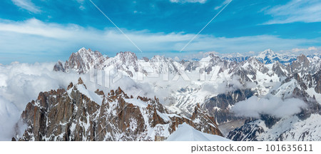Mont Blanc rocky mountain massif summer view from Aiguille du Midi Mount, Chamonix, French Alps 101635611